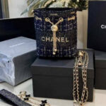 حقيبة شانيل ماكياج باكيت زرقاء من التويد | New In Box CHANEL Makeup Drawstring Bucket Bag – Blue Tweed with Gold Hardware