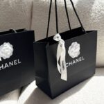 CHANEL Large Original Black Paper Shopping Bag with White Camellia & Ribbon