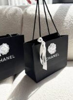 CHANEL Large Original Black Paper Shopping Bag with White Camellia & Ribbon