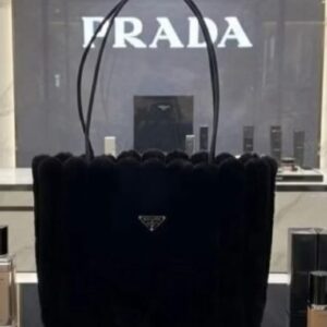 PRADA Black Shearling Tote Bag with Shopping Bag & Card بجون كرتونه