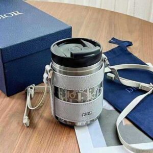 Dior Vibe Stainless Steel Water Bottle & Carrier – Light Grey Leather Strap