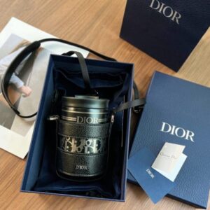 Dior Vibe Stainless Steel Water Bottle & Carrier – Black with Light Grey Leather Strap