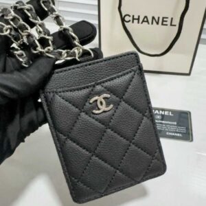 Chanel Quilted Caviar Leather Card Holder with Metal Chain