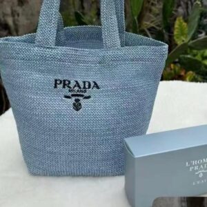 Prada Light Blue Raffia Shopping Bag