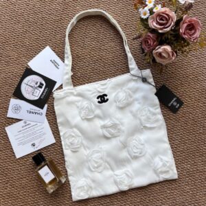CHANEL Floral Embroidered Tote Bag – White
