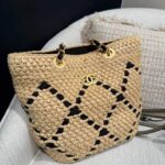 Chanel Beige & Black Raffia Chain Shoulder Bag