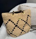 Chanel Beige & Black Raffia Chain Shoulder Bag